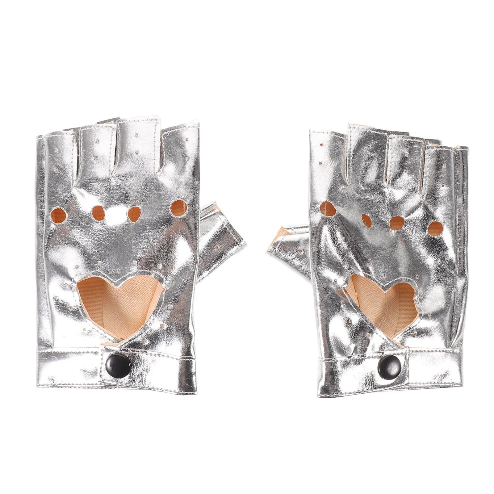 1Pair Punk Fingerless Dance Gloves Heart Cutout Shiny Faux Performance Cosplay Party Halloween Costume Dress Up Silver