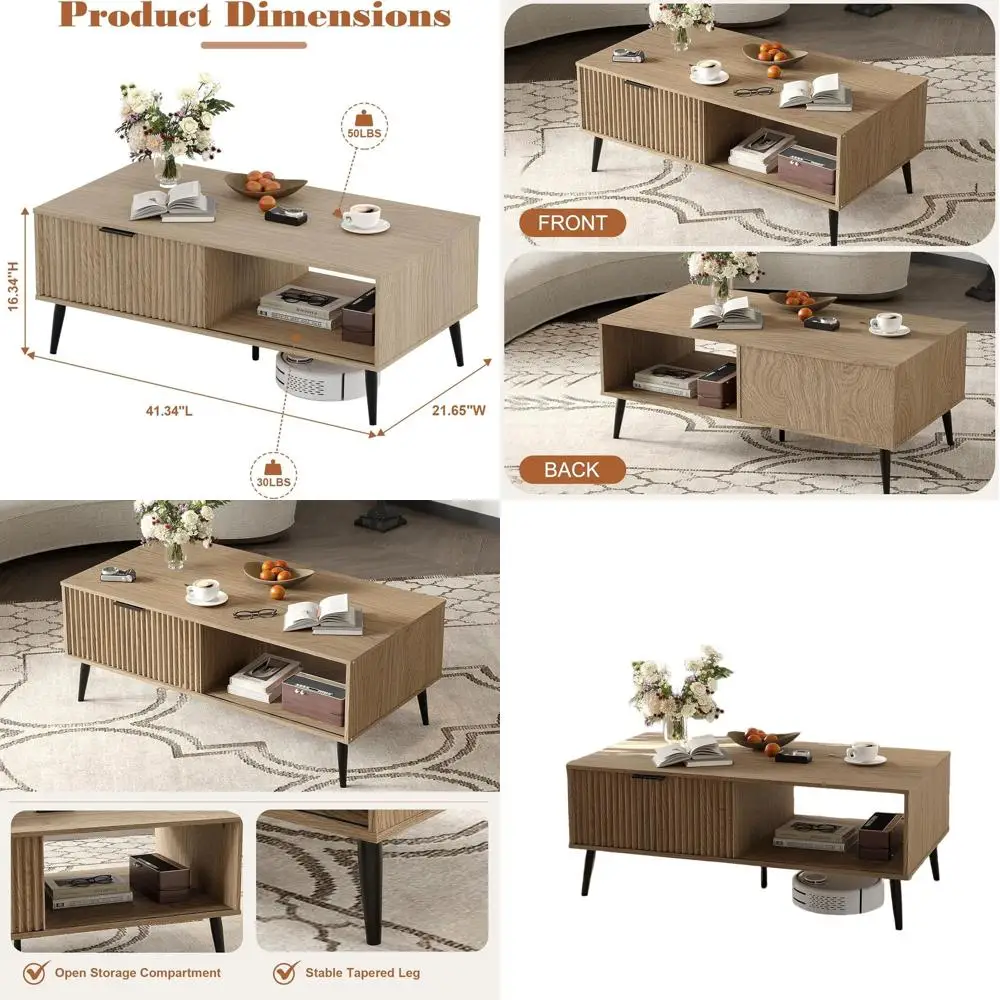 

Farmhouse Style 2-Tier Coffee Table with Sliding Wave Door and Storage, Modern Wooden Table for Living Spaces, Office, Bedroom,