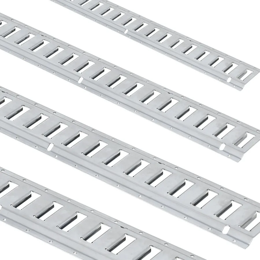 Zestaw szyn E-Track do mocowania ładunku 34 elementy, 1,5 m, zawiera 8 szyn stalowych, 2 szyny jednostronne, 8 pierścieni O, 8 mocowań z oczkiem, 8 końcówek zabezpieczających.