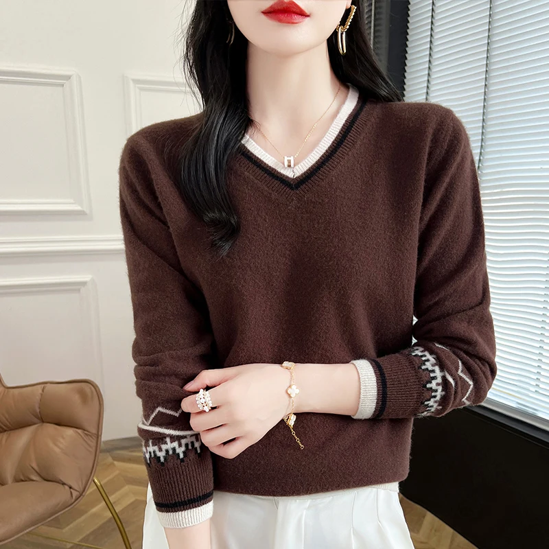 Autumn New 100% Pure Wool Sweater, Women\'s V-Neck Color Blocked Pullover Sweater, Fashionable Slimming, Knitted Base Stylish Top