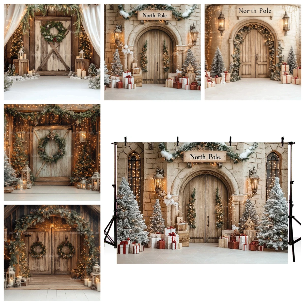 Mehofond Christmas Wooden Door Backgrounds Photographs North Pole Xmas Tree Wreaths Gifts Kids Family Portraits Backdrop