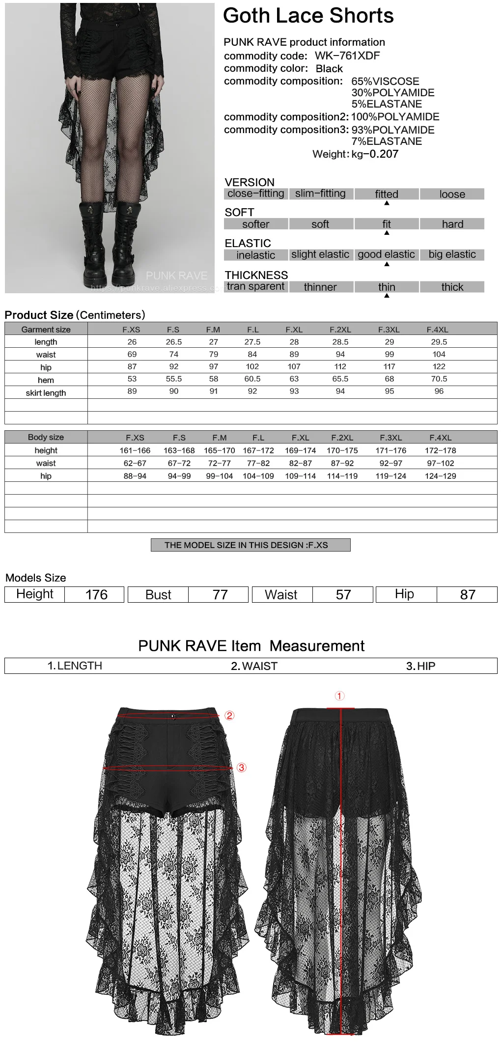 PUNK RAVE Dames Gothic Retro Hoog-laag Kanten shorts met ruches Punk Uniek Niet-afneembaar Skort-ontwerp uit één stuk Donkere korte broek