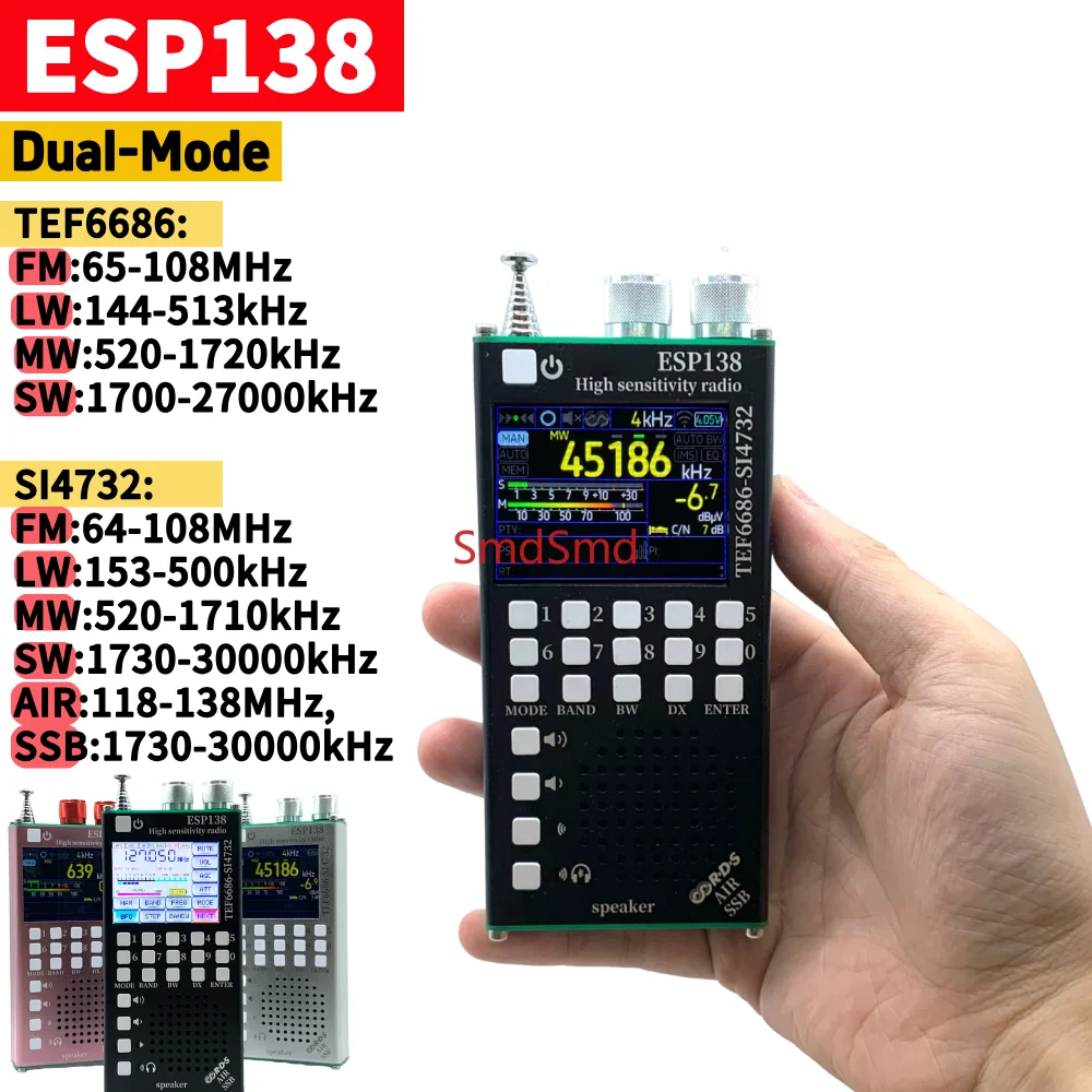 ESP138 TEF6686 ESP32 High Sensitivity Radio Portable Handheld Radio Receiver FM LW MW SW Bluetooth Dual-Mode 2.4inch IPS Touch