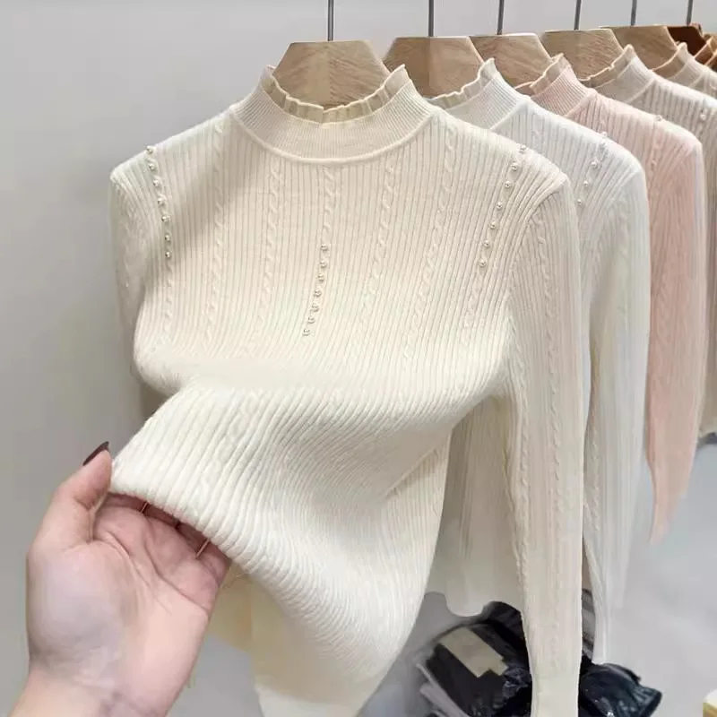 Fungus Edge Half Turtleneck Sweater Women Pullover Autumn Winter Solid Color Bottomed Knitted Sweater Jumper Female Casual Tops