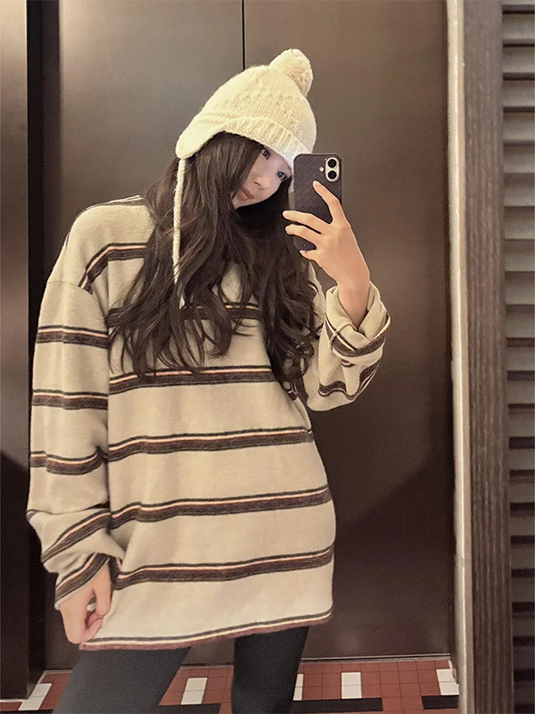 

Spring New Sle Women's Long Sve T-irt ZONE Liu "Stripe Law" Color Blo Casual Loose Fit Breathable round Ne Top