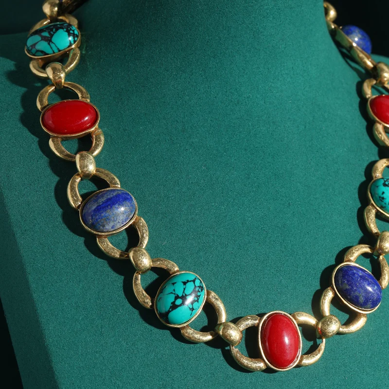 Antique Jewelry Geometric Splicing Colorful Natural Stone Chokers Necklace for Women Vintage Skirt Collar Oval  Accessories New