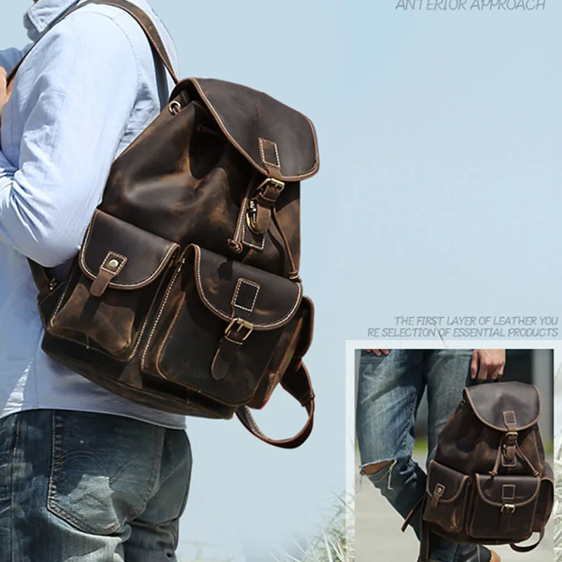 Vintage Crazy Horse Leather Mens Backpack Thick Genuine Leather Women Rucksack Big Capacity Travel Bag School Backpack