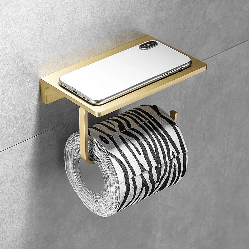Bathroom Paper Holder with Phone Shelf Bathroom Mobile Phones Holder Brushed Gold Brass Tissue Holder Rack Toilet  Tissue Boxes