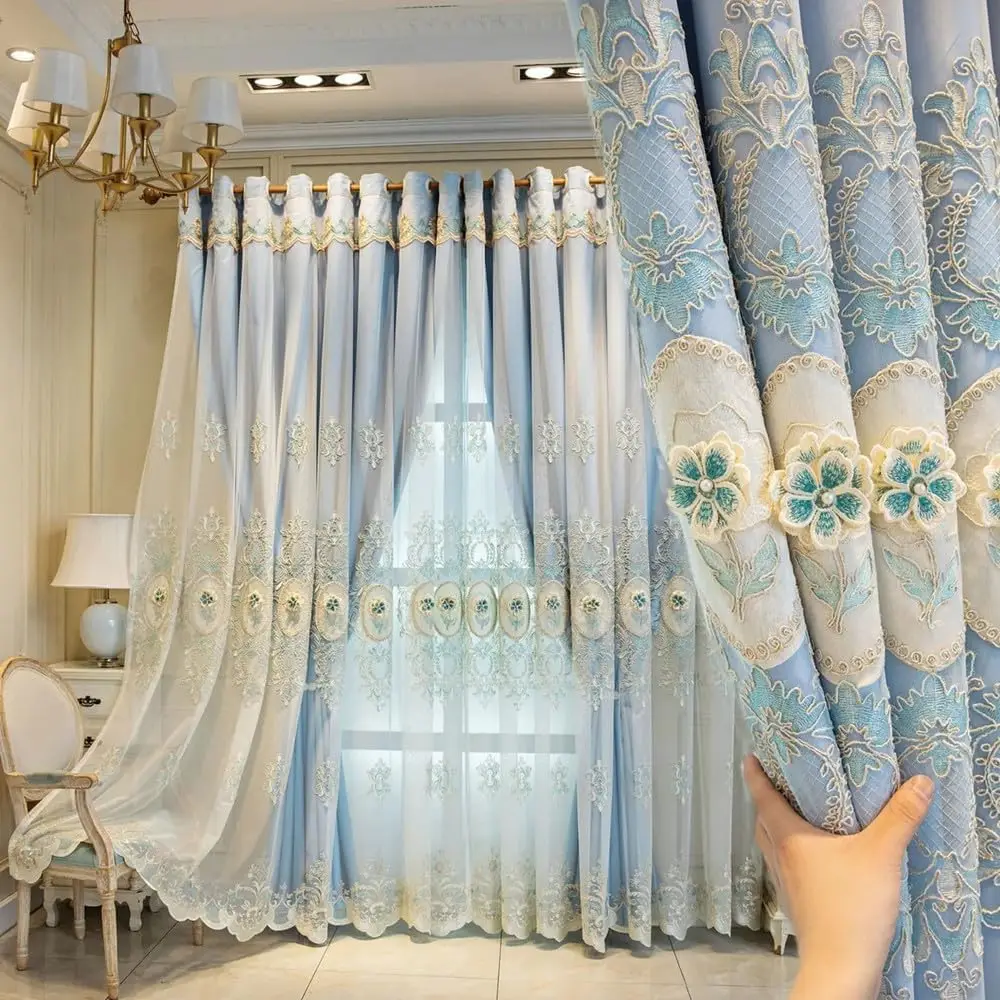 

1 Panel 160cm Width European Double Layer Curtain with Valance for Living Room Bedroom 3D Flower Embroidered Curtain with Beads