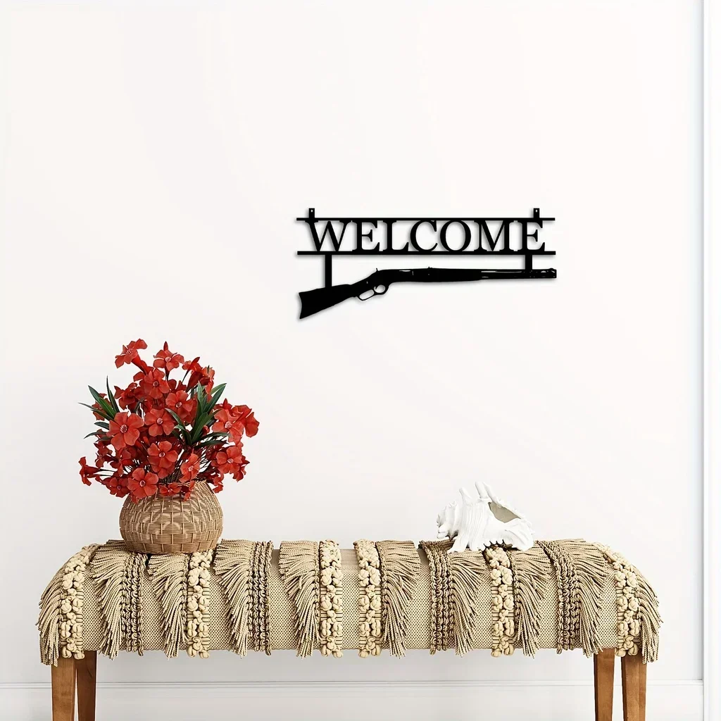 

CIFBUY Decoration Welcome Sign Home Decor with A Unique Metal Gun Design Sign Hunting Lovers Wall Hanging Decor Metal Wall Mount