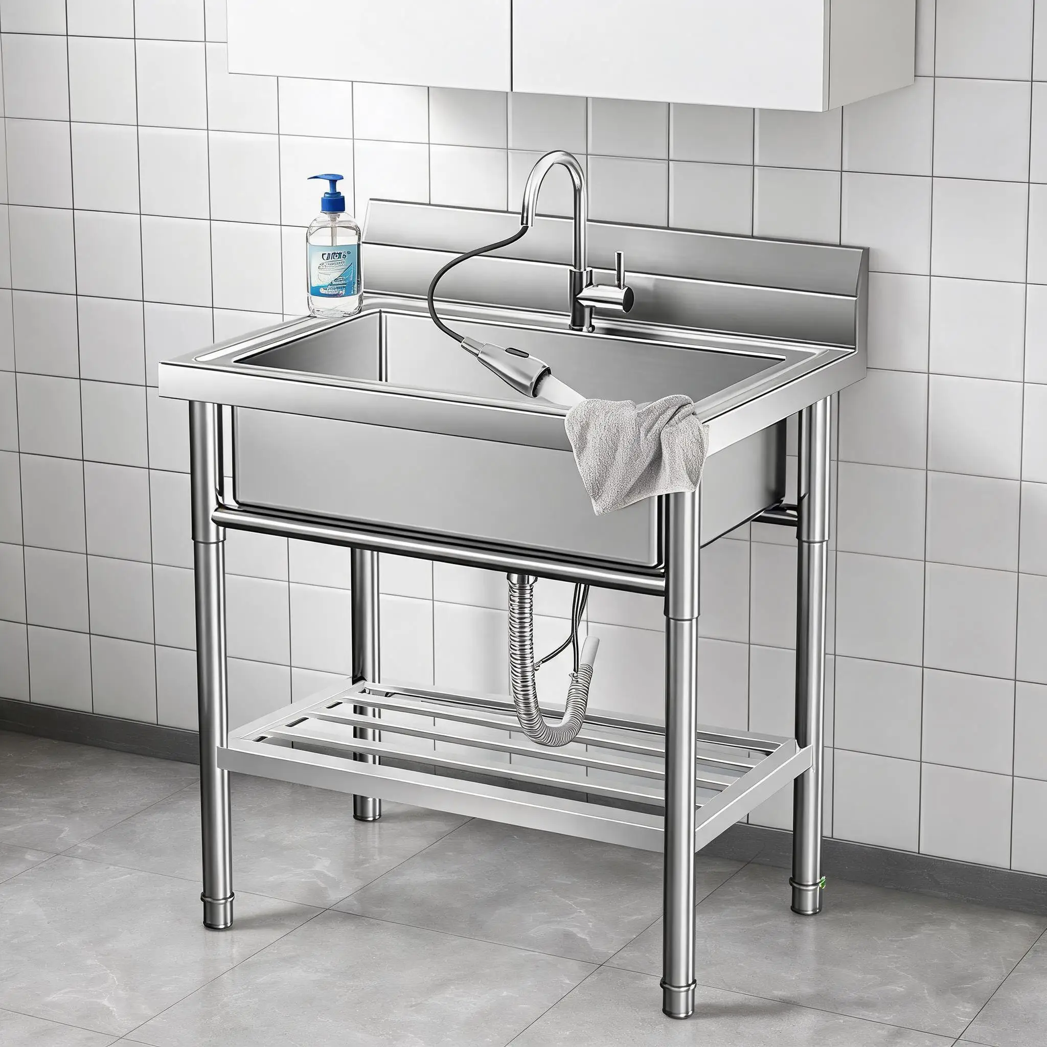 Lavelli da incasso con rubinetto per acqua calda e fredda, tubi flessibili e kit di scarico, ideali per cucine, bagni, garage e lavanderie.