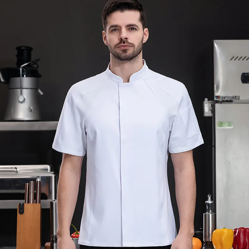 Uniforme de trabajo de cocina para restaurante de Hotel, chaqueta de Chef de manga corta, abrigo de cocina blanco de verano para Chef de pastelería y panadería