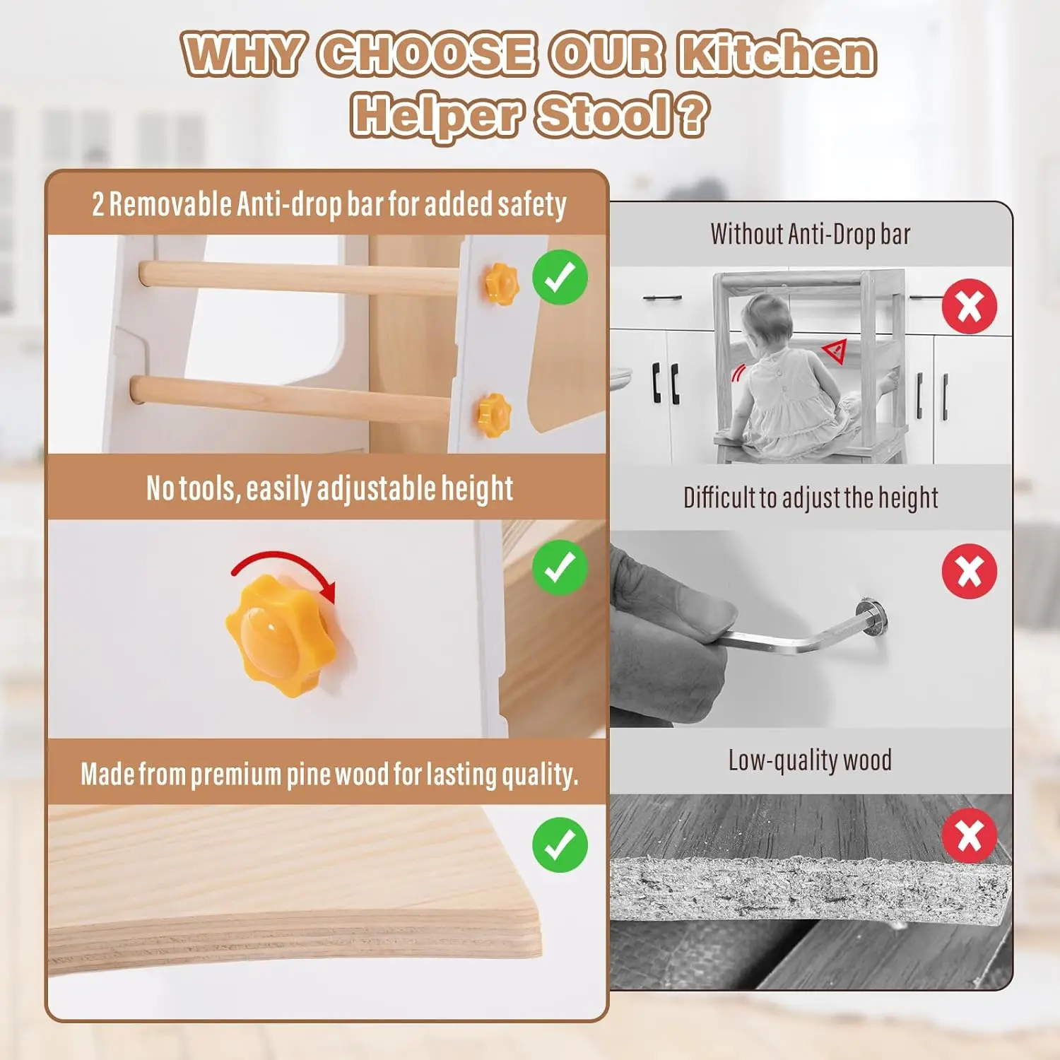 Kitchen Tower, Kids Kitchen Stool Helper, Standing Tower with Convertible Table and Chair, Toddler Step Stool with Adjustable-He