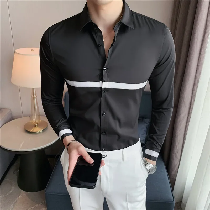 ความคมชัดสีริบบิ้นลาย Camisas De Hombre แฟชั่นแขนยาวธุรกิจสังคมผู้ชายเสื้อ SLIM FIT เสื้อ Man