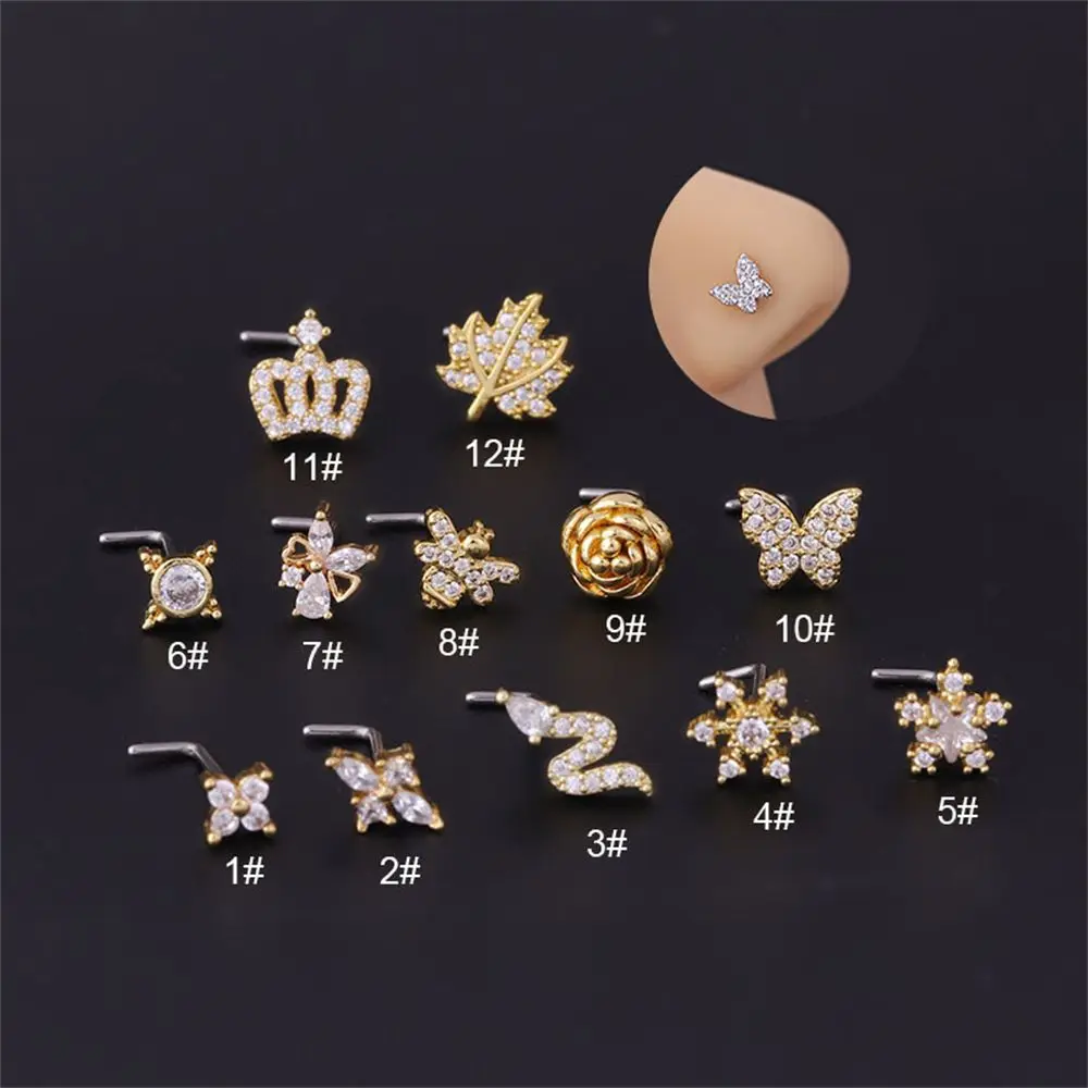 1pc Surgical Stainless Steel Nose Ring Butterfly Star Snake Crown Punk Style Zircon Nail Body Piercing Jewelry L Shaped Studs