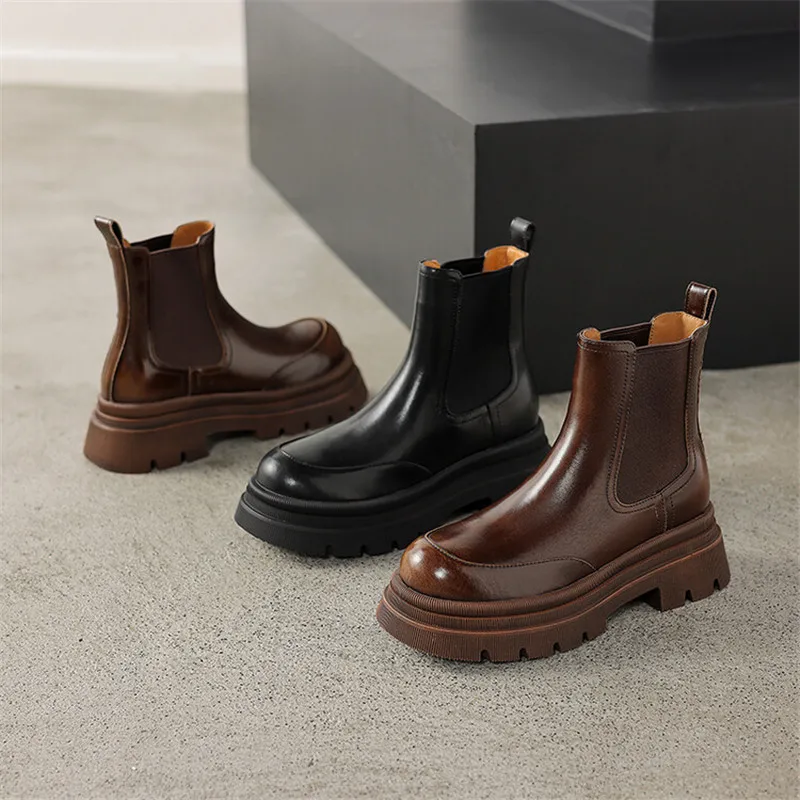 

New Autumn Winter Split Leather Women Boots Fashion Round Toe Shoes for Women Short Boots Women Mujer Chunky Heel Platform Boots