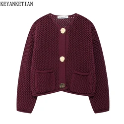 KEYANKETIAN 2024 nuove donne cardigan in maglia di filato grosso autunno/inverno stile semplice tasche monopetto maglione allentato Top