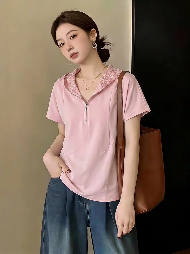 Lace Hooded Short Sleeve T-Shirt Women's plus Size Summer New Style Korean Version Pear Shape Loose Fit Commute Top