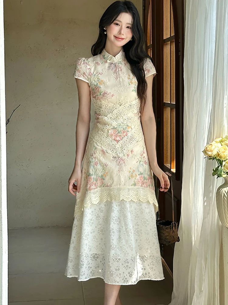 Sukienka damska w stylu koreańskim, imitacja dwuczęściowej, z krótkim rękawem, stójką, cheongsam, bodycon, na studniówkę, z koronkowymi wstawkami w kwiaty, patchworkowa, na lato 2025.