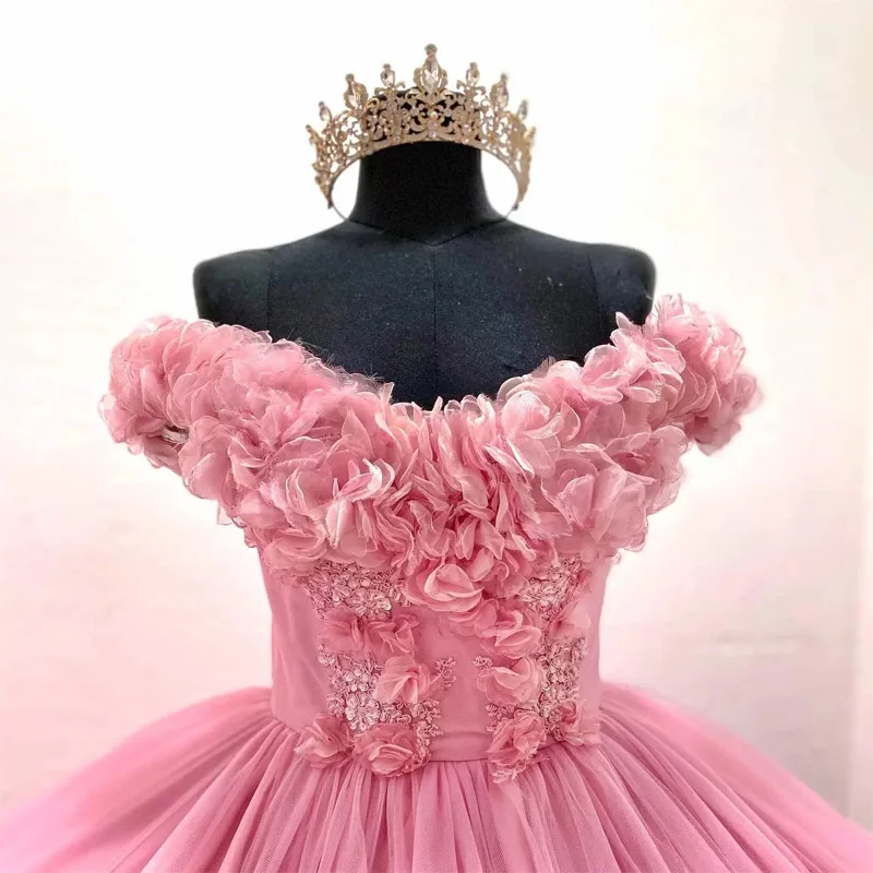 Vestido rosa quinceanera fora do ombro com aplique floral para meninas, doce vestido de 16 anos, vestido de noiva com renda para meninas de 15 anos