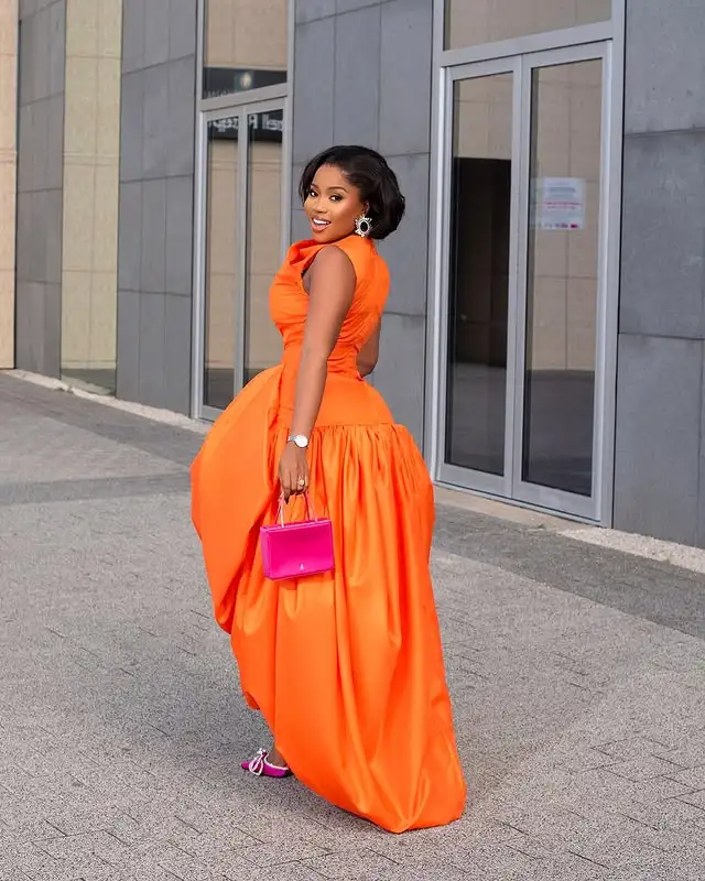 Hot Orange Bubble Satin Asymmetrical Formal Dresses Fashion Pleated Long African Women Party Maxi Dress