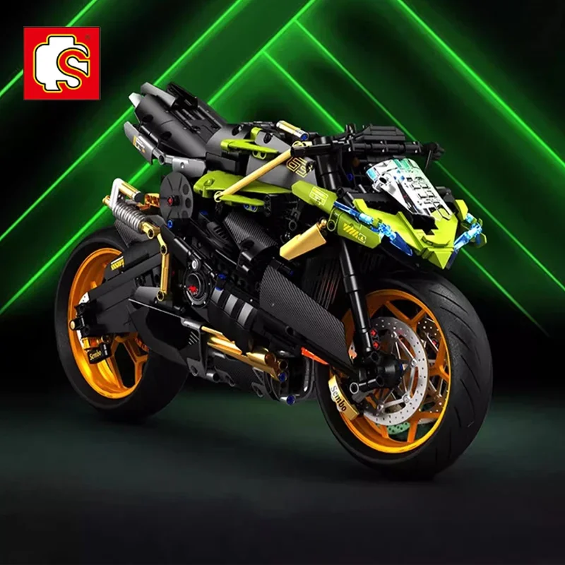 SEMBO Motorcycle Model Building Blocks Classic Green Equal Scale Reproduction Shock Absorber Design Luxury Kids Christmas Gifts