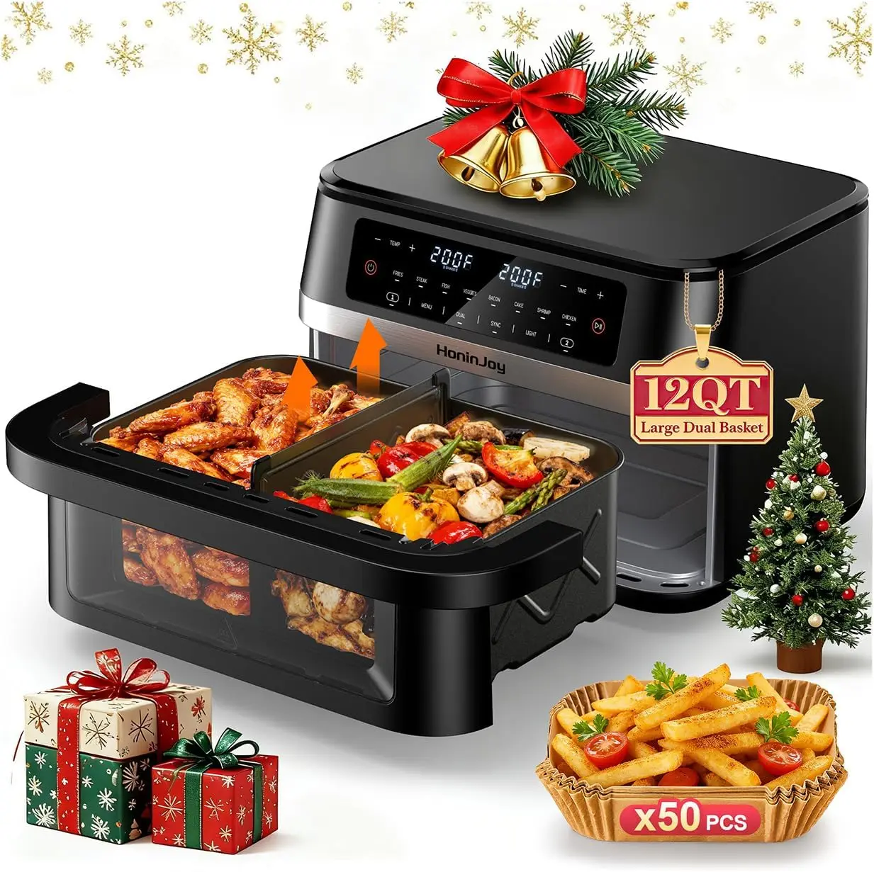 12QT Dual Basket Air Fryer with Flexible Basket, Viewing Window, and 50 Paper Liners - 12-in-1 Family Size Oven with Sync Cookin