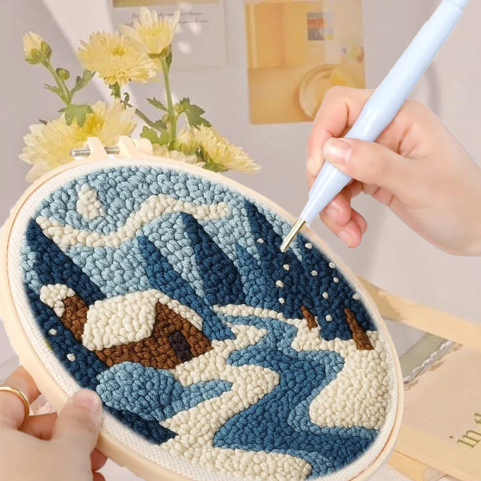 

CHENISTORY Punch Needle Kits Diy Winter House Landscape Diy Punch Needle Kit Art Supplies Beginner Embroidery Kit