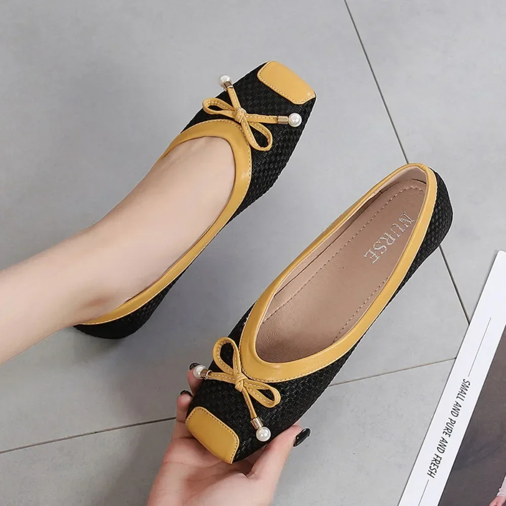 Women Flat Shoes Large Size Women\'s Shoes 43 44 Flat Sole Single Shoes Women 2024 New Blue Bow Shallow Mouth Square Toe Flats