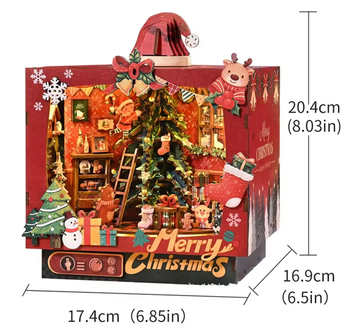 Wooden DIY Christmas Mini House Box‑Shape Diorama Kit With Light Rotating Music Function Hand‑assembled Micro‑Landscape Model
