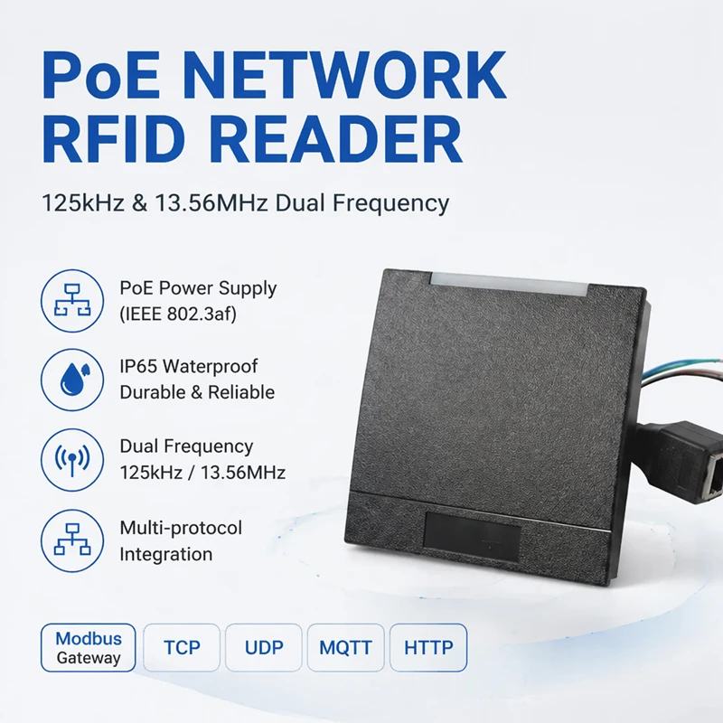 RFID Network TCP IP Card Reader with POE Supply 125Khz 13.56Mhz Support Modbus/ HTTP for Industrial Production Access Control