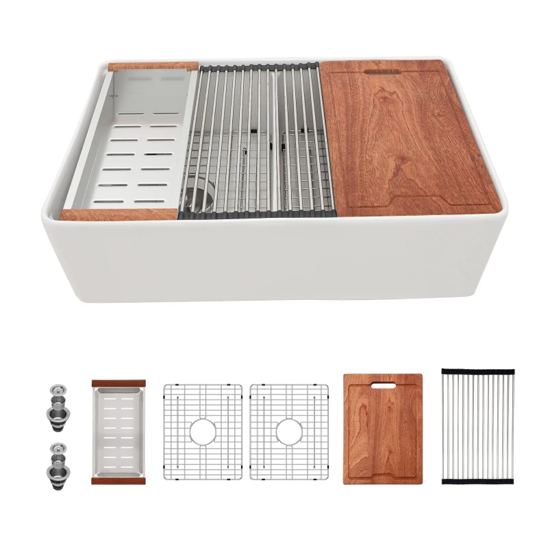 

White Farmhouse Sink Workstation 33 X 20 X 10 Inch White Ceramic Porcelain Double Bowl Farm Kitchen Sink