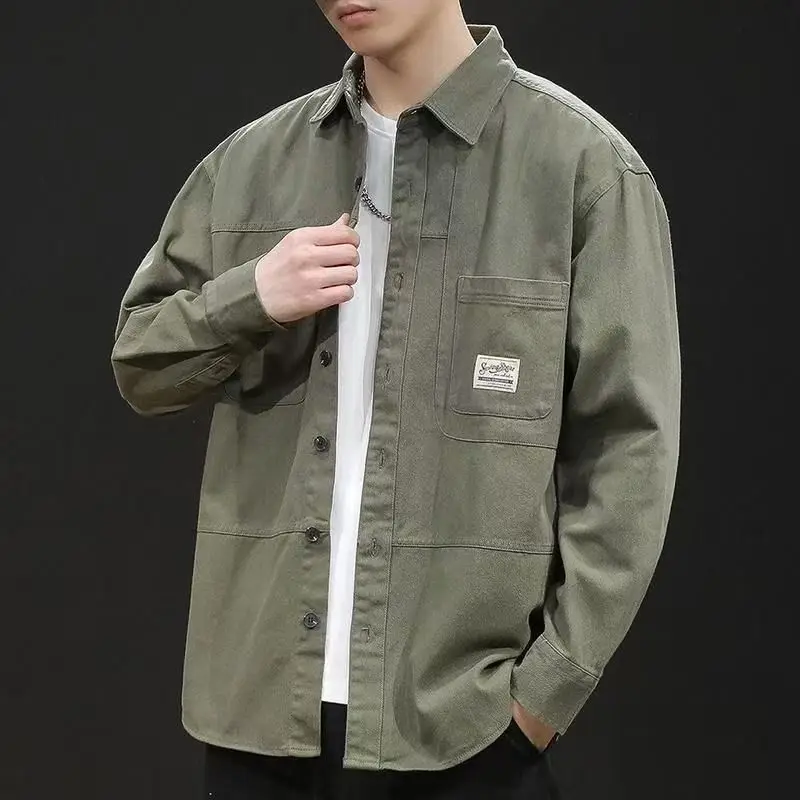 

Loose Fit Long Sve Casual irt for Men Autumn New Sle Workwear Korean Retro Faion Outerwear Youth ular Polyester F...