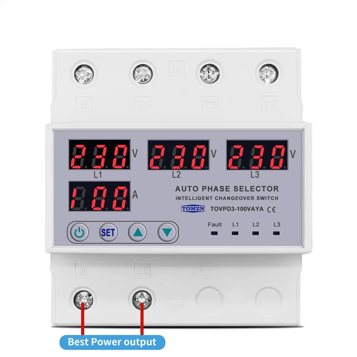 100A 3 Phase 3P+N Din Rail Phase Selector Adjustable Over and Under Voltage Current protection   Relays Protector