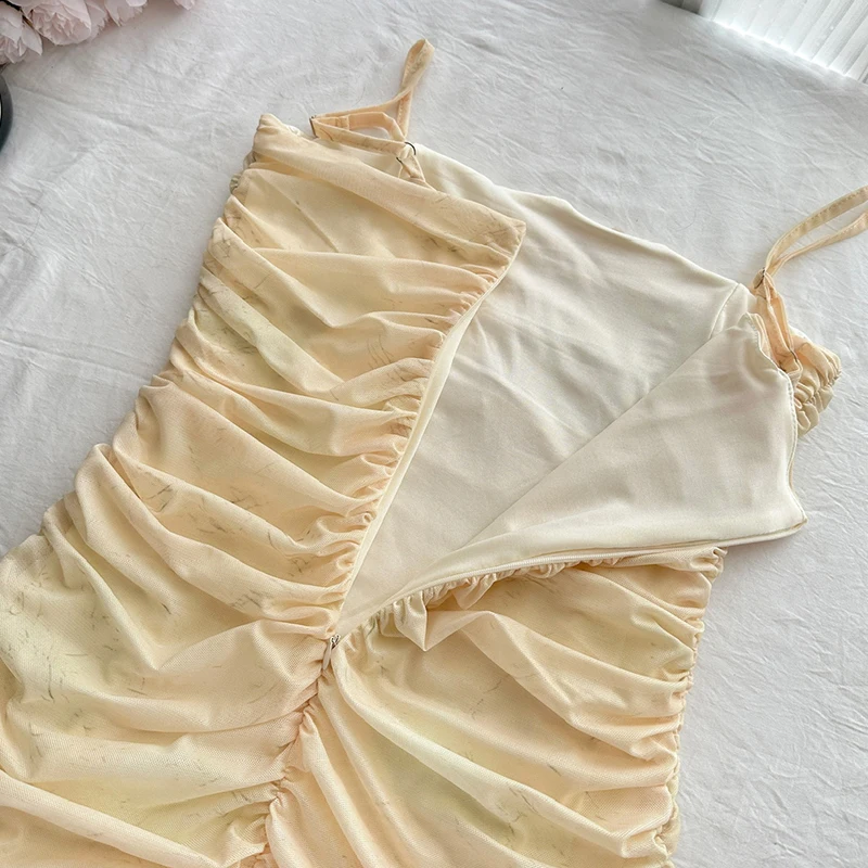 High Quality Beaded Flower Elegant Long Dress Women Spaghetti Strap High Waist Slim-fit Folds Maxi Dress Fashion