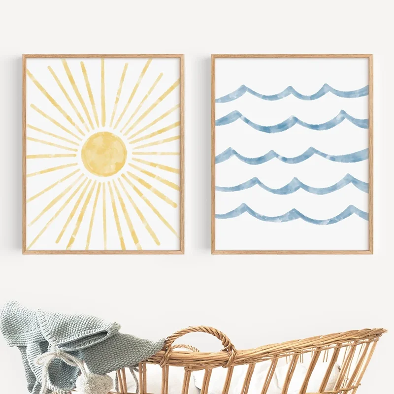 2PCS Sun & Sea Wall Art  Sun And Water Poster  Ocean Waves  Lake Art  Pool Art  Home Decor  Canvas Paintings For Room Decor