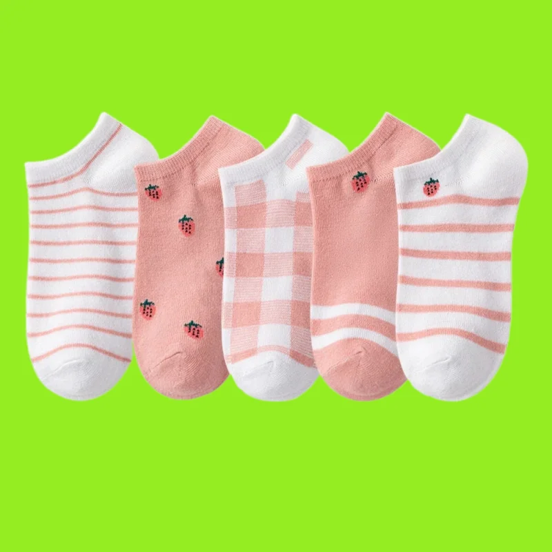 

5/10 Pairs 2024 New Women's Thin Cotton Socks Pink Strawberry Checkered Women Socks Fashion New Shallow Mouth Women's Boat Socks