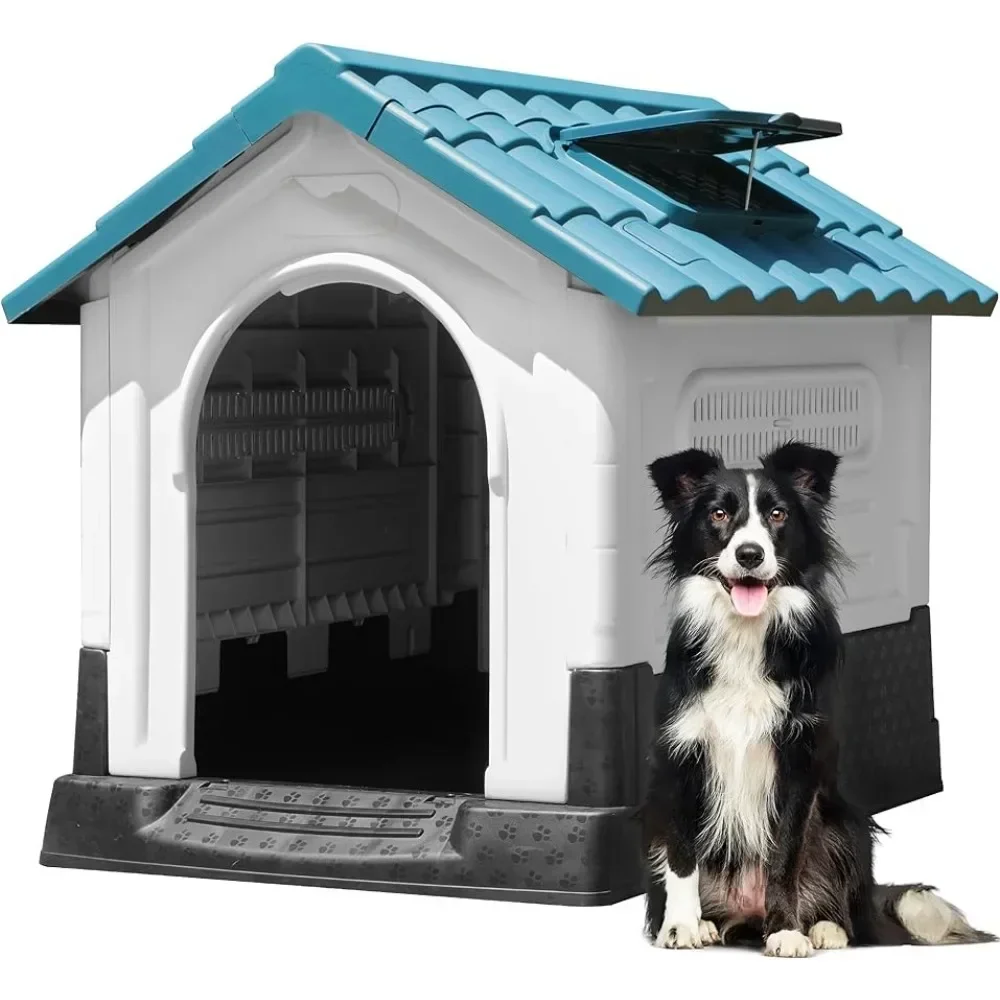 

Folding large dog house outdoor plastic dog house with adjustable skylight and elevated base for small to medium sized dogs