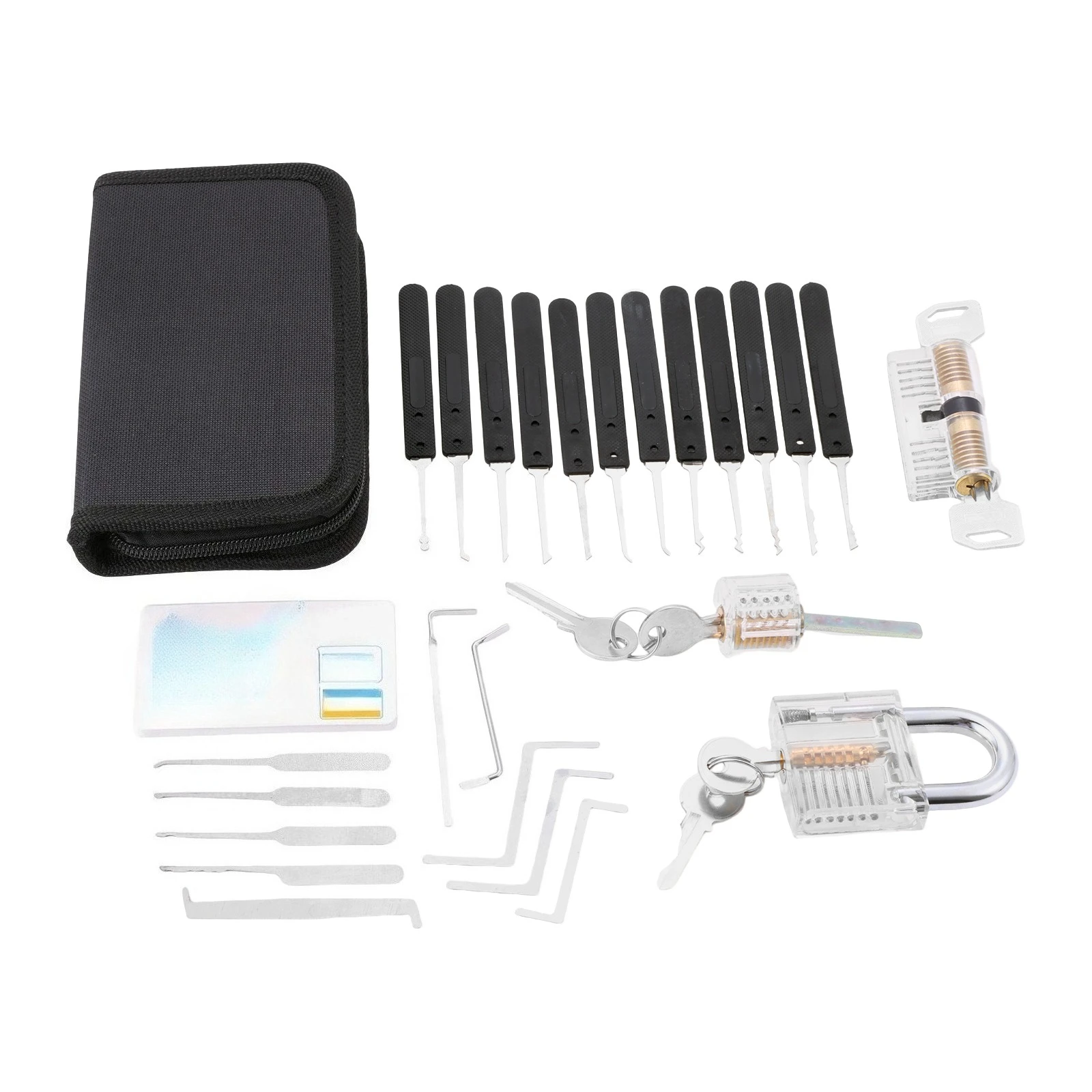 34pcs Lock Picking Kit Unlocking Practice Tools Hooks Wrench Keys Extractors Transparent Locks with Key Card Bags Locksmith Tool