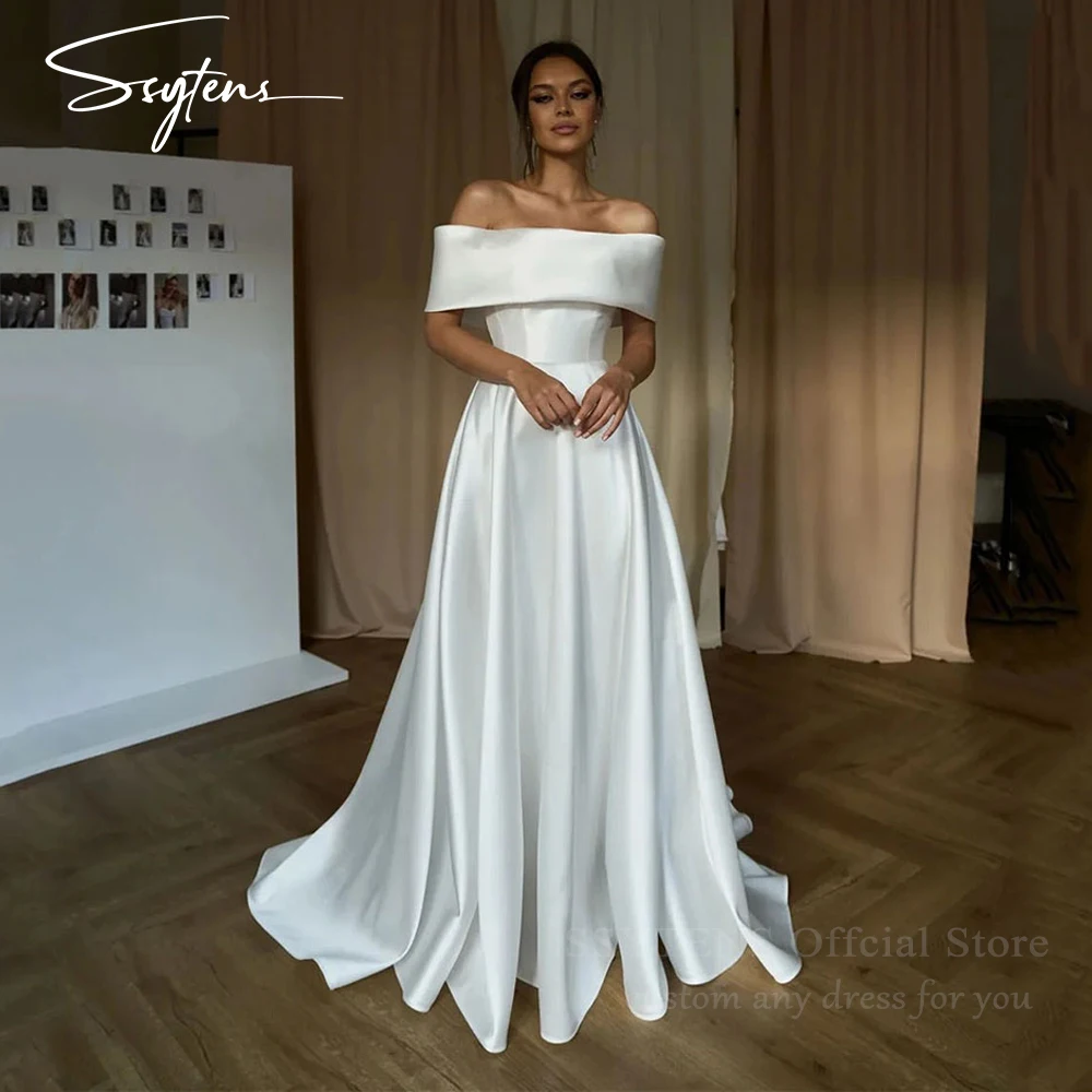 SSYTENS-vestidos de novia de satén para mujer, vestidos de novia con abertura lateral, hombros descubiertos, corsé de línea A, vestidos de novia de lujo hechos A medida