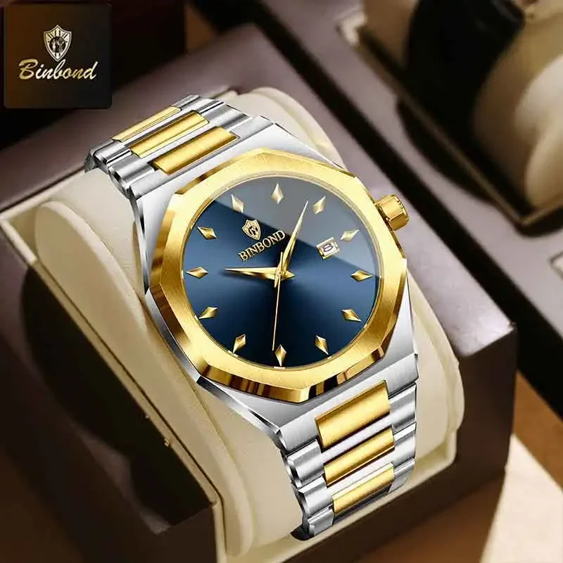 BINBOND Top Brand Man Quartz Watch Fashion Business Date Waterproof Wristwatch Luxury Stainless Steel Sport Casual Men Watch