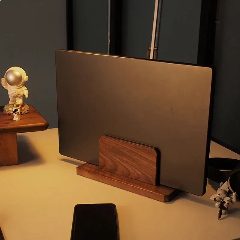 Natural Walnut Laptop Stand Desk Organizer Rounded Corner Vertical Base for Office