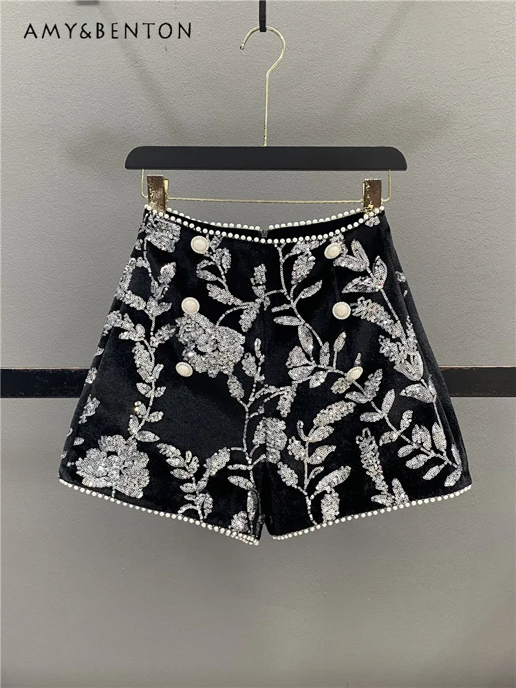 Heavy Industry Sequined Beaded Velvet Shorts Women Autumn Winter Trendy High-waisted Slim A-line Casual Wide-leg Pants Female