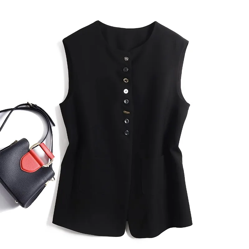 Women Round Neck Suit Vest Outerwear Lady Black Sleeveless Waistcoat For Office Commuting Elegant Working Women's Clothing