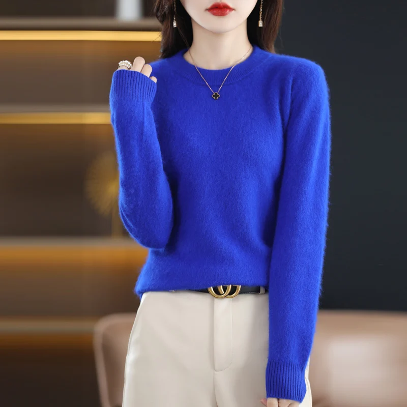 Round Neck Pure Mink Cashmere Sweater For Women\'s Long Sleeved Warm Autumn And Winter Loose Knit Pullover With Solid Color Base