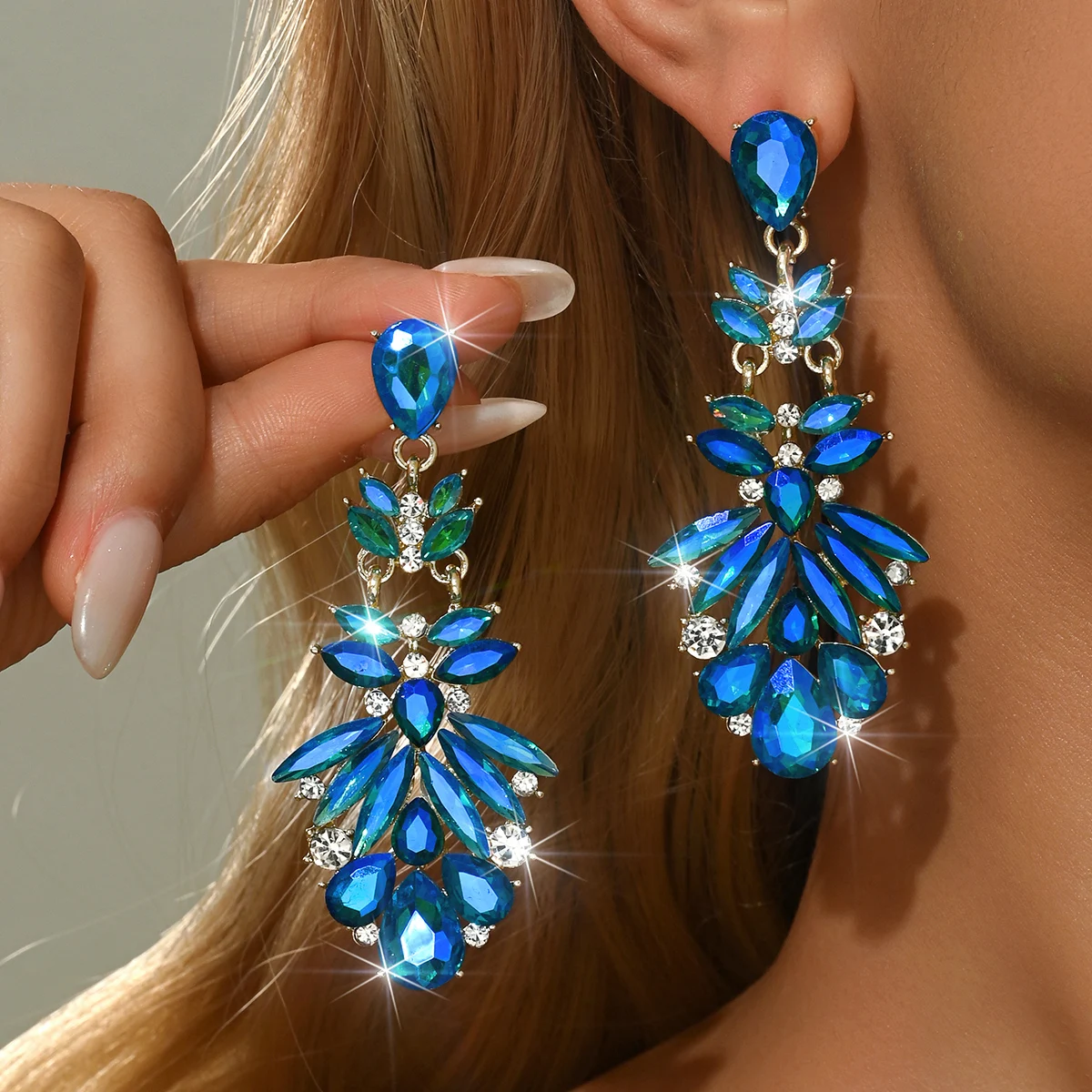 Gradient Ocean Storm Simia Crystal Long Women's Pendant Earrings Suitable for Beach Music Festivals, Pool Parties, Vacation