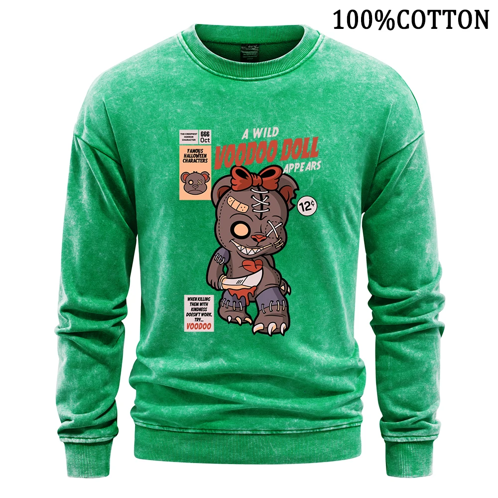 Voodoo Doll Printing Man Sweatshirt Retro Washed Sweatshirts Cotton Hoodies Cartoon Harajuku Wygodna koszulka sportowa Luźne topy