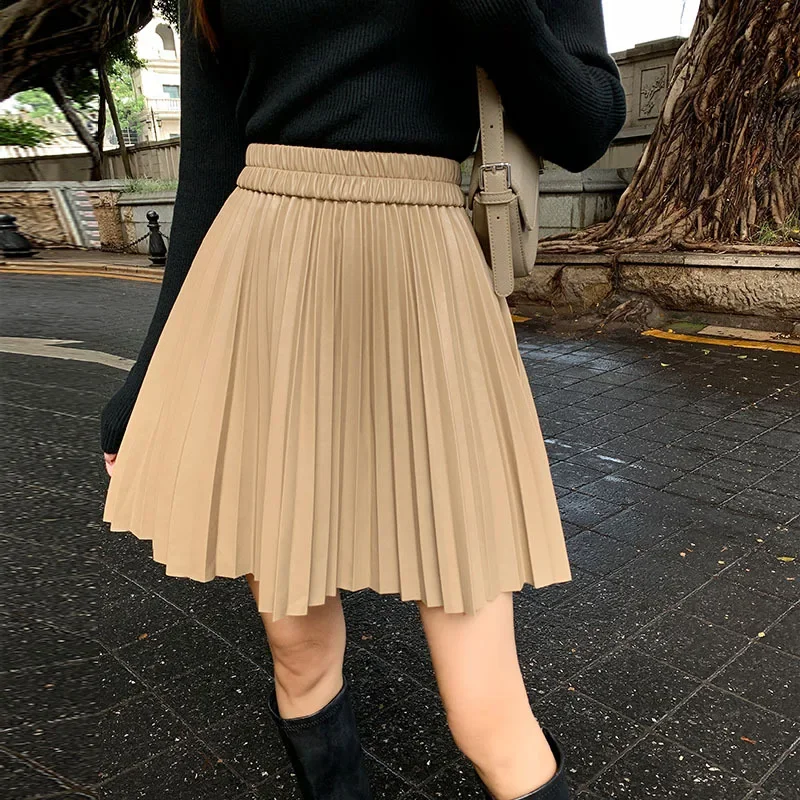 Women's PU Leather Pleated Mini Skirt Temperament Commuting Female Clothing Women High Waist Slim A-line Skirts