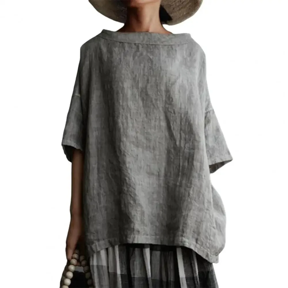 Nowa letnia koszulka damska z okrągłym dekoltem, tkana, w stylu bawełniano-lnianym, jednolita, luźna, europejsko-amerykańska, kolekcja 2025.