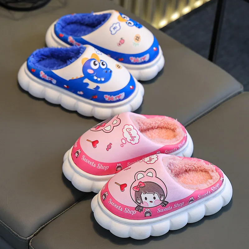 New Winter Waterproof Cute Cartoon Warm Indoor Mule Soft Non-slip Fluffy Slippers For Kids Boys Girls Children Home Cotton Shoes